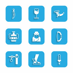 Set Socrates, Hermes sandal, Medieval sword, bow, Gallows, Ancient amphorae, Hunting horn and Dagger icon. Vector