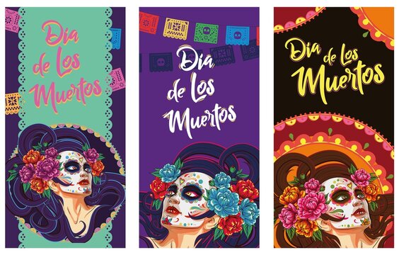 set of banners Dia de Los Muertos Girl with sugar skull surrounded by colorful flowers, mexican event, fiesta, party poster, holiday greeting card.