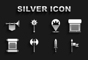 Set Medieval axe, Decree, parchment, scroll, spear, sword, Location king crown, Trumpet with flag and chained mace ball icon. Vector
