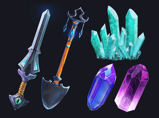 A set of magical items. A sword, a shovel, crystals. Amethyst, sapphire, quartz. Props on a dark background, isolated. Necromancer attributes. Ingredients for potion. Icons for casual fantasy game.
