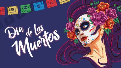 Girl with a sugar skull. Day of the Dead, Home Mexican Halloween, Dia De Los Muertos. Woman with cosmetics sugar skull with rose flowers wreath. Halloween vector banner