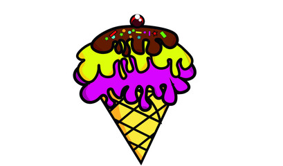 Ice cream in bright cartoon style.Melting ice cream of different flavor in the waffle cone isolated on white background. Comic character in cartoon style logo for T shirts.Ice Cream logo.
