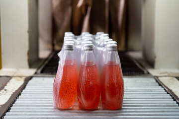 Bottling factory. Bottling line for processing and bottling Basil seed with fruit into bottles. Product of Basil seed with Pomegranate on the conveyor belt in the beverage factory