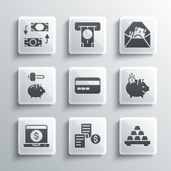Set Paper or financial check, Gold bars, Piggy bank with coin, Credit card, Laptop dollar, and hammer, Money exchange and Envelope symbol icon. Vector