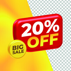 20 Percent Discount Tag 3D Red with Background Yellow