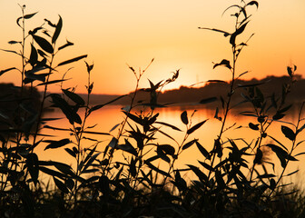 Sunset on lake bith blury background