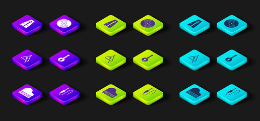 Set Grand piano, Audio jack, Triangle, Banjo, Vinyl disk and Metronome with pendulum icon. Vector