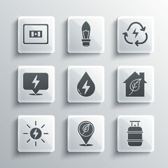 Set Location with leaf, Propane gas tank, Eco friendly house, Water energy, Solar panel, Lightning bolt, Electrical outlet and Battery recycle icon. Vector