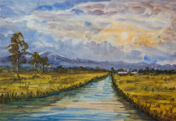 Meadow with river, trees, building and distant hill at sunset. Watercolor handmade landscape painting
