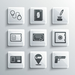 Set Location law, Pistol or gun, Safe, Certificate template, Identification badge, Handcuffs and Feather inkwell icon. Vector