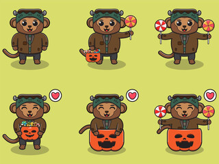 Vector illustration of cute Monkey with Frankenstein costume. Monkey character vector design. Good for label, sticker, clipart.