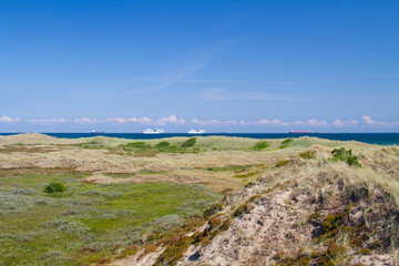 Fototapeta na wymiar View over the dunes and the sea on the danish town of Skagen, just visible on the horizon
