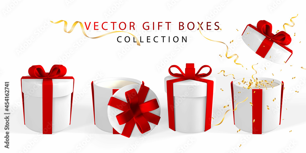 Wall mural 3D render realistic gift box with red bow. Paper box with red ribbon and shadow isolated on white background. Vector illustration