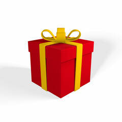 3D realistic red gift box with yellow ribbon and bow. Paper box on white background with shadow. Vector illustration