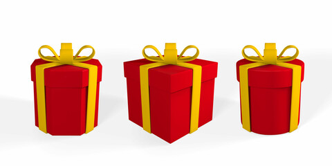 3D realistic red gift box with yellow ribbon and bow. Paper box on white background with shadow. Vector illustration