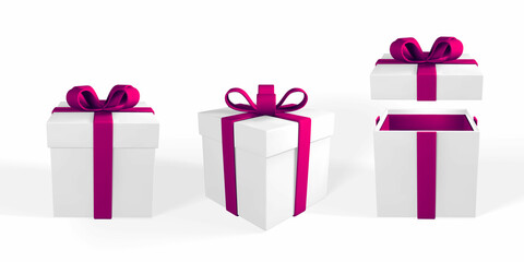 3D render realistic gift box with purple bow. Paper box with ribbon and shadow isolated on white background. Vector illustration