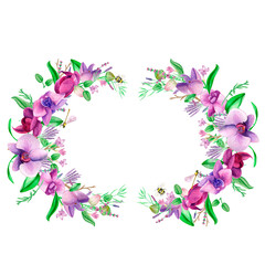 Naklejka na ściany i meble Watercolor gold frame. An orchid wreath of hand-painted lavender leaves and orchid flowers .Lavender purple wedding design.Cute insects on the leaves.Butterfly, dragonfly, bee.Suitable for the design.