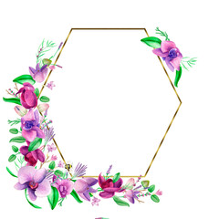 Watercolor gold frame. An orchid wreath of hand-painted lavender leaves and orchid flowers .Lavender purple wedding design.Cute insects on the leaves.Butterfly, dragonfly, bee.Suitable for the design.
