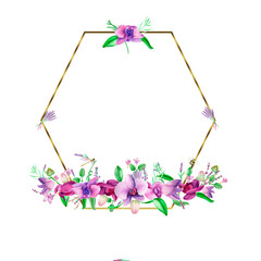Watercolor gold frame. An orchid wreath of hand-painted lavender leaves and orchid flowers .Lavender purple wedding design.Cute insects on the leaves.Butterfly, dragonfly, bee.Suitable for the design.