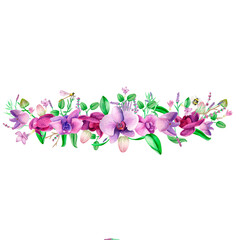 Fototapeta na wymiar Watercolor gold frame. An orchid wreath of hand-painted lavender leaves and orchid flowers .Lavender purple wedding design.Cute insects on the leaves.Butterfly, dragonfly, bee.Suitable for the design.