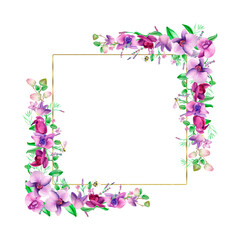 Fototapeta na wymiar Watercolor gold frame. An orchid wreath of hand-painted lavender leaves and orchid flowers .Lavender purple wedding design.Cute insects on the leaves.Butterfly, dragonfly, bee.Suitable for the design.