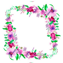 Watercolor gold frame. An orchid wreath of hand-painted lavender leaves and orchid flowers .Lavender purple wedding design.Cute insects on the leaves.Butterfly, dragonfly, bee.Suitable for the design.