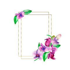 Watercolor gold frame. An orchid wreath of hand-painted lavender leaves and orchid flowers .Lavender purple wedding design.Cute insects on the leaves.Butterfly, dragonfly, bee.Suitable for the design.