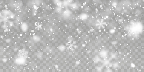 Christmas snow. Falling snowflakes on transparent background. Snowfall. Vector illustration