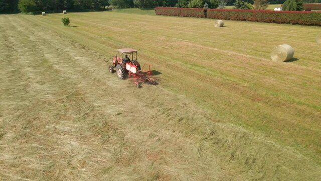 Rotary Rake Attached To A Tractor Windrowing Cut Hay For Drying At The Farmland In Italy. aerial drone following