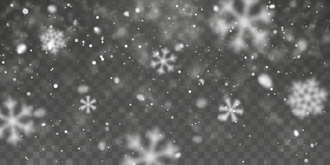 Christmas snow. Falling snowflakes on transparent background. Snowfall. Vector illustration