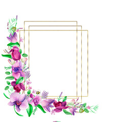 Watercolor gold frame. An orchid wreath of hand-painted lavender leaves and orchid flowers .Lavender purple wedding design.Cute insects on the leaves.Butterfly, dragonfly, bee.Suitable for the design.
