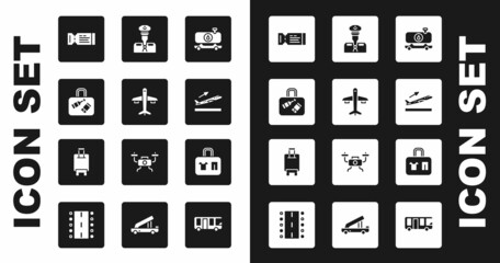 Set Fuel tanker truck, Plane, Suitcase, Airline ticket, takeoff, Pilot, and icon. Vector