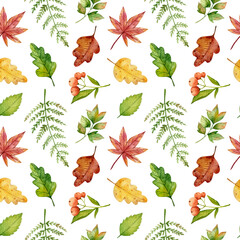 Watercolor autumn seamless pattern. Fall fern and leaves hand drawn background. 