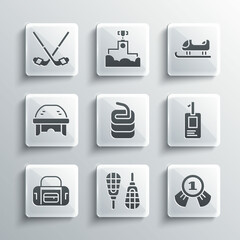 Set Snowshoes, Medal, Identification badge, Stone for curling, Sport bag, Hockey helmet, Ice hockey sticks and Sled icon. Vector