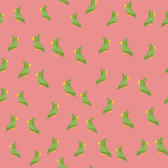 Little random green parrots silhouettes seamless doodle pattern. Pastel pink background. Simple print.