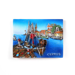 Souvenir from the island of Cyprus (Greece) with the image of the sea panorama. Design element with clipping path