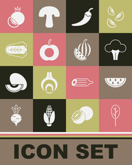 Set Spinach, Watermelon, Broccoli, Hot chili pepper pod, Peach fruit, Cabbage, Tomato and icon. Vector