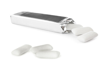 Pieces of chewing gum on white background, collage. Banner design