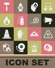 Set Telephone call 911, Fire flame in triangle, Megaphone, Firefighter, extinguisher, axe and hose reel icon. Vector