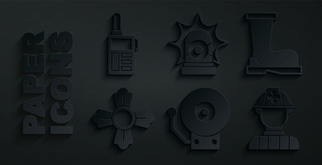 Set Ringing alarm bell, Fire boots, Firefighter, Flasher siren and Walkie talkie icon. Vector