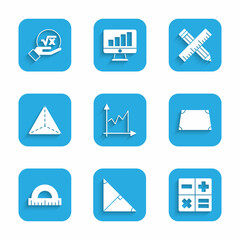 Set Graph, chart, diagram, Angle bisector of triangle, Calculator, Acute trapezoid shape, Protractor, Geometric figure Tetrahedron, Crossed ruler and pencil and Square root x glyph icon. Vector