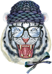 Hand drawn Tiger in black winter hat. Watercolor drawing white tiger head, blue eyes