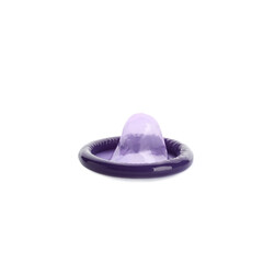 Unpacked purple condom isolated on white. Safe sex