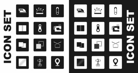 Set Safety pin, Zipper, Textile fabric roll, Electric iron, Sewing machine, Needle bed and needles, Knitting and icon. Vector