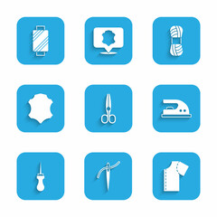 Set Scissors, Needle with thread, Sewing pattern, Electric iron, Awl tool, Leather, Yarn and spool icon. Vector