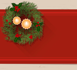 Christmas wreath of fir branches with burning candles inside. Red tablecloth, top view. Vector ,illustration, flat, carton