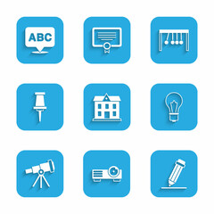 Set School building, Movie, film, media projector, Pencil with eraser, Light bulb idea, Telescope, Push pin, Pendulum and Alphabet icon. Vector