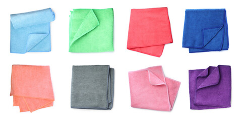 Set with color microfiber cloths on white background, top view. Banner design