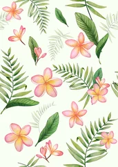 Fotobehang Seamless summer background with tropical flowers and leaves. Watercolor hand © Olga