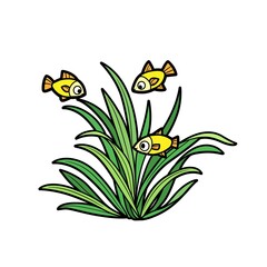 Fish in seaweed coloring book linear drawing isolated on white background